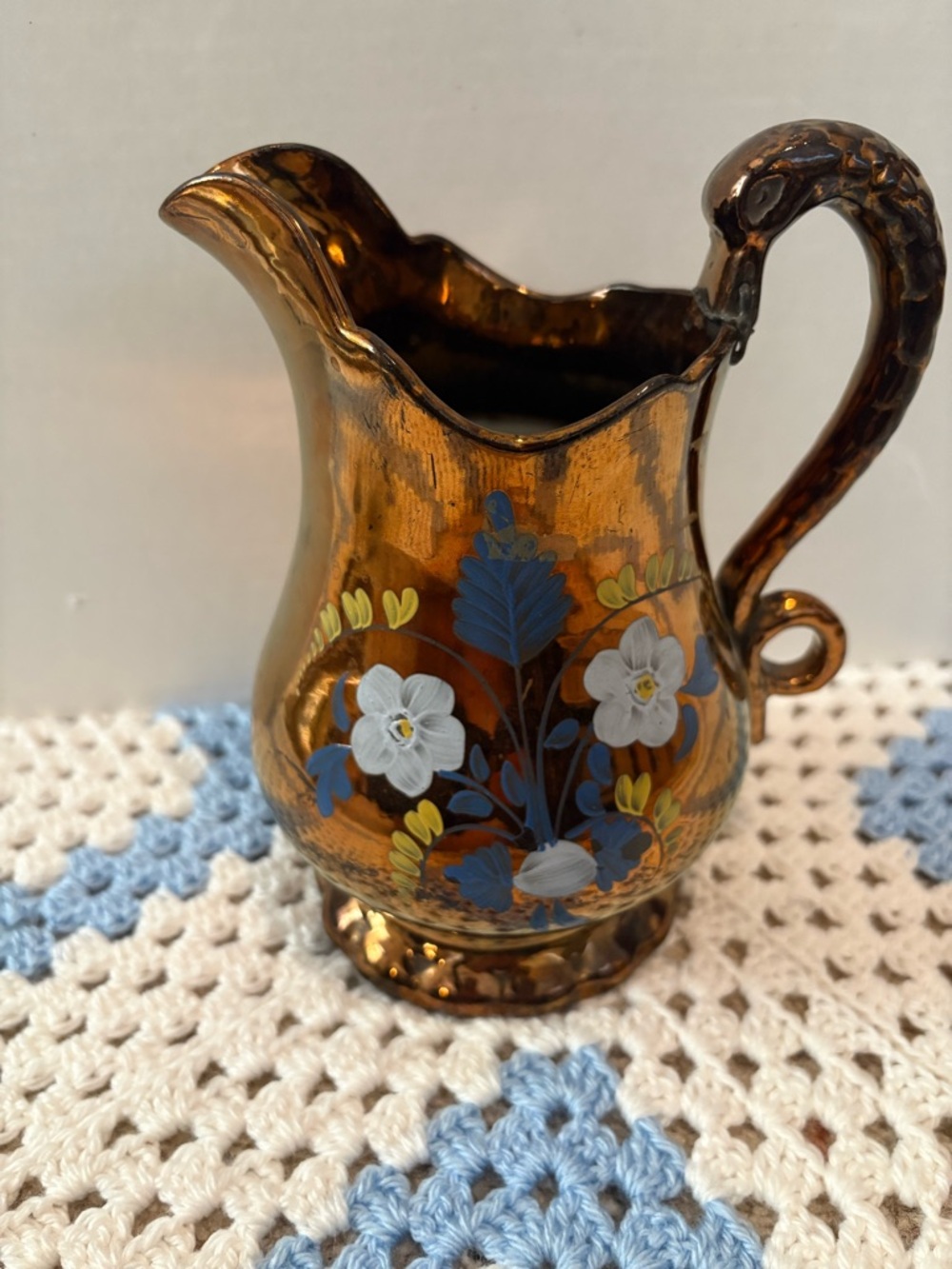 Antique Copper-Tone lusterware hand painted Floral porcelain Pitcher Jug